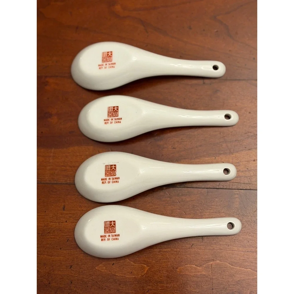 Set Of 4 Vintage Tatung Chinese Porcelain Soup Spoon w/h Pink Flower & Gold Rim